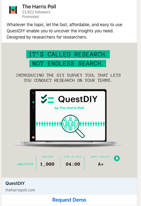 A LinkedIn ad for "QuestDIY by The Harris Poll," a DIY survey tool. The image shows a laptop with the product interface and highlights key features with statistics. The ad emphasizes "IT'S CALLED RESEARCH. NOT ENDLESS SEARCH."