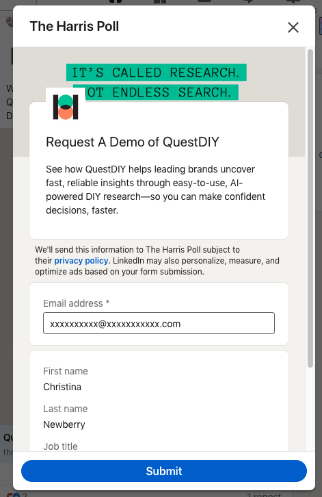 A LinkedIn ad lead generation form for "QuestDIY" requesting contact information. The form is pre-filled with the name "Christina Newberry" and an email address, with the ad text promoting AI-powered DIY research for brands.