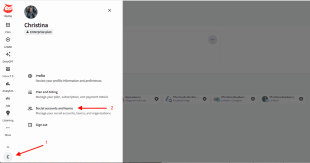Screenshot showing a user navigating to 'Social accounts and teams' within their profile settings, an initial step to schedule Bluesky posts.