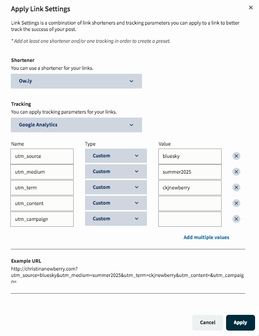 Screenshot of 'Apply Link Settings' with options for link shorteners and tracking parameters, detailing how to add UTM tags when you schedule Bluesky posts for better analytics.