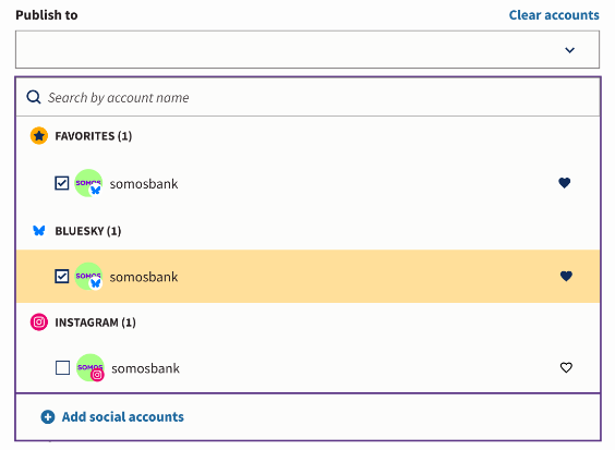 Screenshot displaying the 'Publish to' section where a user selects 'Somosbank' under 'Bluesky' for scheduling posts on Bluesky