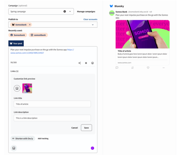 A preview of a Bluesky post about the Somos app, illustrating how to customize link previews and indicating a step in the process to schedule Bluesky posts.