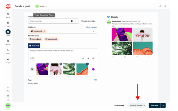 The 'Create a post' interface showing a completed Bluesky post with the 'Schedule for later' button highlighted, demonstrating how to prepare to schedule Bluesky posts.