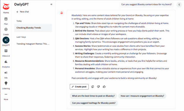 OwlyGPT interface suggesting content ideas for Bluesky, aiding in the creation of content before you schedule Bluesky posts