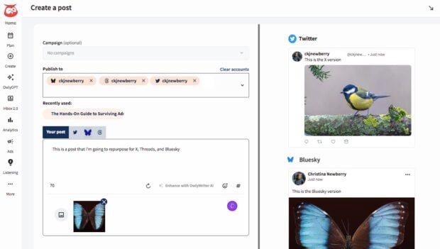 The 'Create a post' screen showing a draft post intended for repurposing across Twitter and Bluesky, illustrating content creation before you schedule Bluesky posts.
