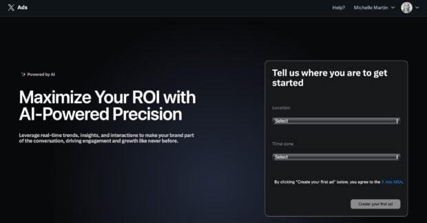 Screenshot of the X Ads (formerly Twitter Ads) platform's starting page, prompting users to select their location and time zone to begin creating Twitter ads.