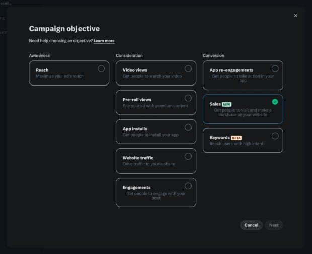 Screenshot of the X Ads (formerly Twitter Ads) campaign objective selection page, displaying options such as Reach, Video Views, Sales (new), and Website Traffic for Twitter ads.