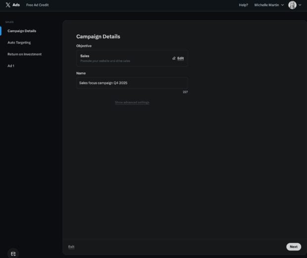 Screenshot of the X Ads (formerly Twitter Ads) campaign details page, showing the objective set to "Sales" and the campaign name "Sales focus campaign Q4 2025" for Twitter ads.