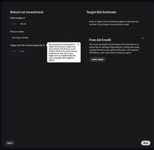 Screenshot of the X Ads (formerly Twitter Ads) return on investment section, showing fields for daily budget, target cost per action, and information about free ad credit for Twitter ads.