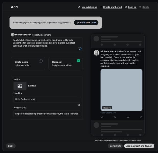 Screenshot of the X Ads (formerly Twitter Ads) ad creation interface, with options to use existing ads or create new ones, and a preview of a carousel ad for stickers and gifts, demonstrating Twitter ads setup.