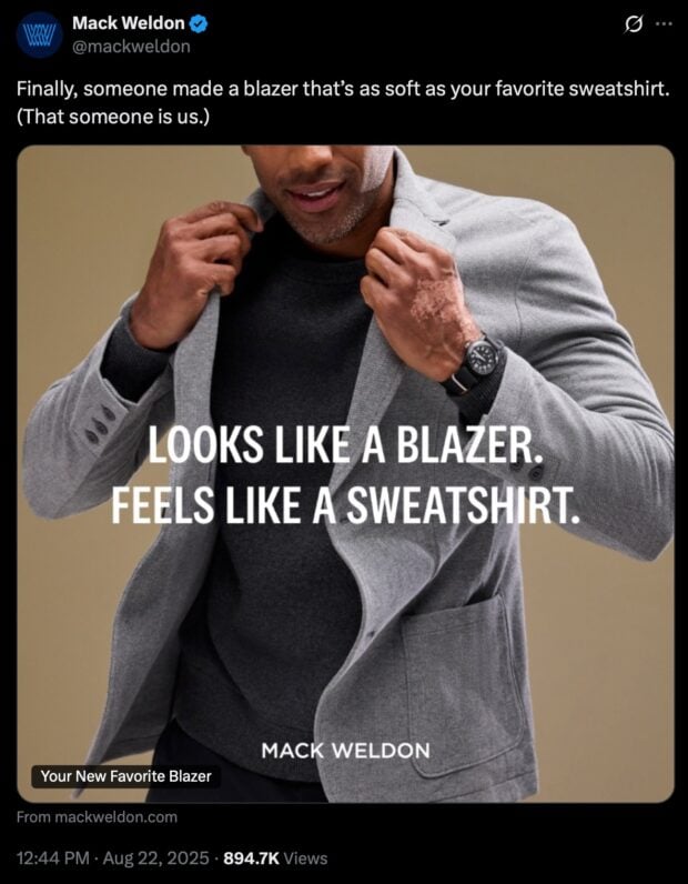 An example of a successful Twitter ad from Mack Weldon, featuring a man wearing a grey blazer with the text "Looks like a blazer. Feels like a sweatshirt." The ad promotes a new blazer.
