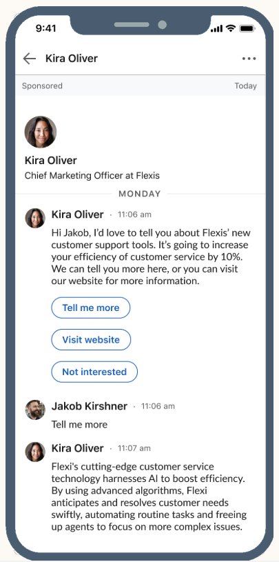 A sponsored LinkedIn ad in a message conversation on a mobile phone. The ad is from Kira Oliver, Chief Marketing Officer at Flexis, speaking to a user named Jakob Kirshner. The conversation promotes Flexis's new AI customer support tools and includes call-to-action buttons like "Tell me more," "Visit website," and "Not interested." The user, Jakob, replies with "Tell me more," and Kira provides additional details.