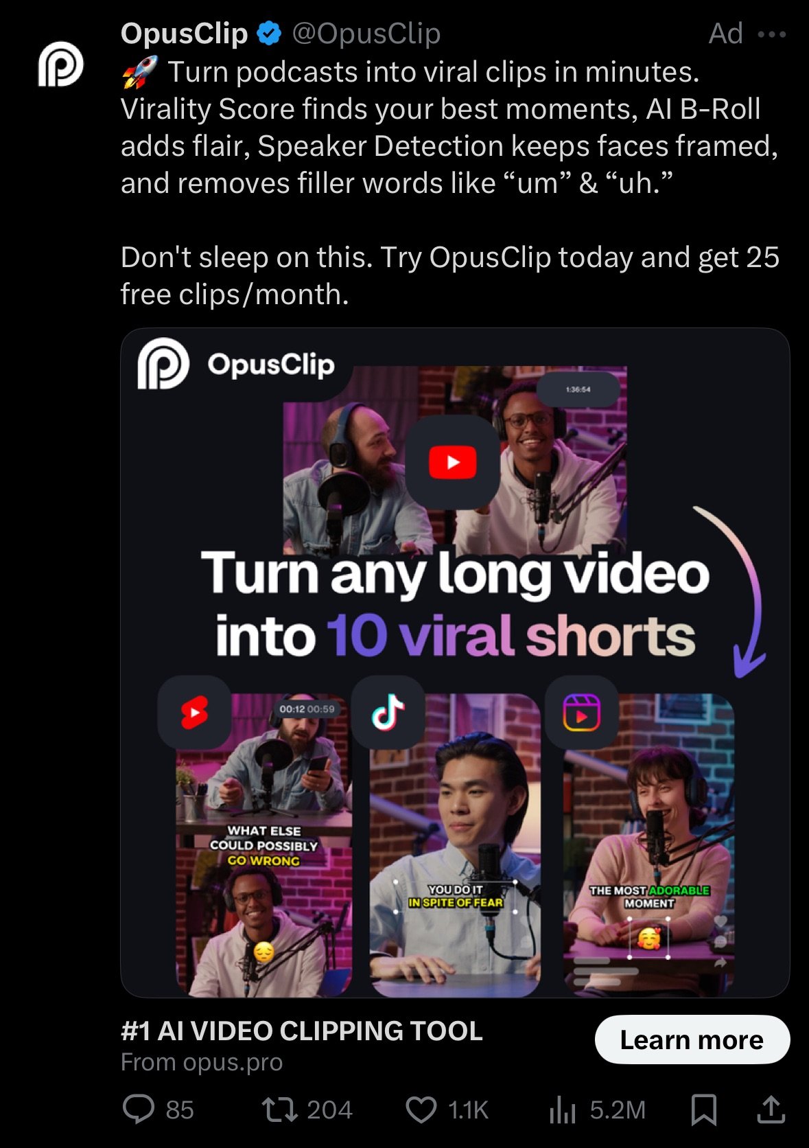 A screenshot of a promoted tweet from @OpusClip, showing a video ad for their AI video clipping tool. The ad's headline says, "Turn any long video into 10 viral shorts," and features logos for YouTube, TikTok, and Instagram. This image serves as an example of Twitter ads.