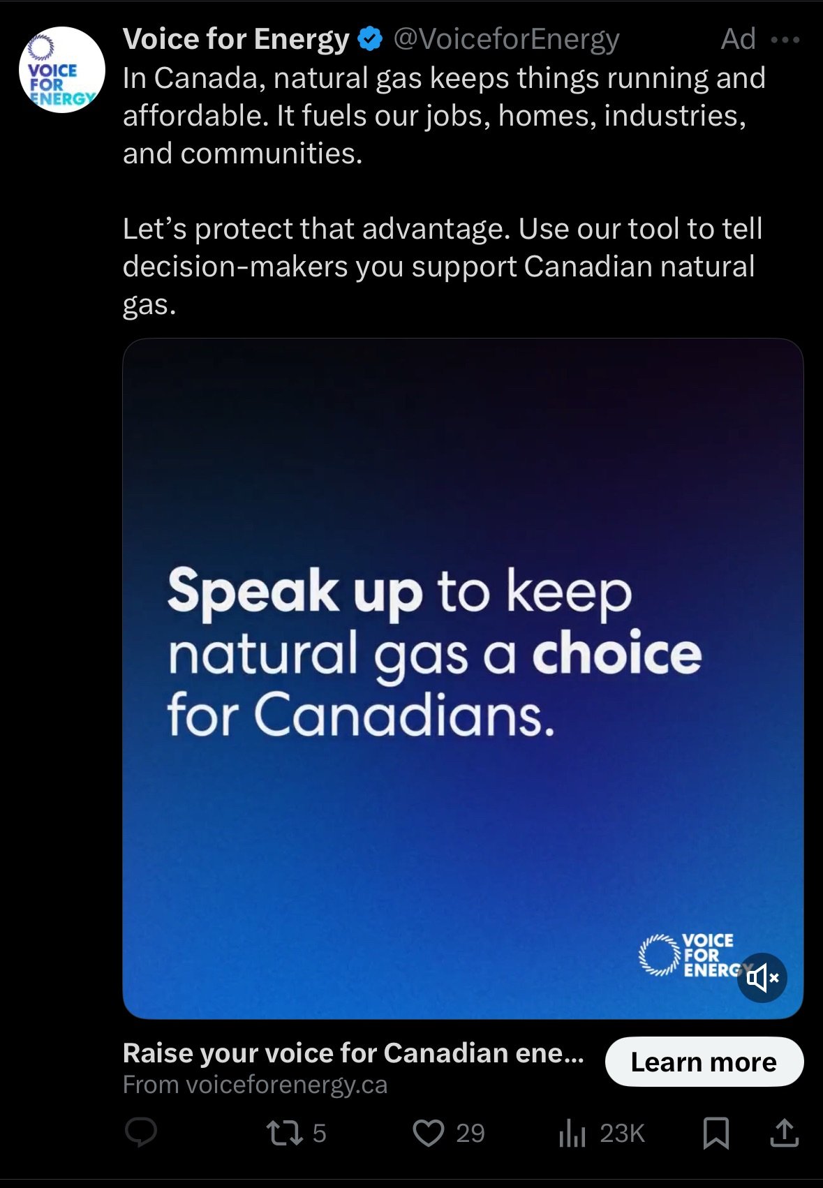 A screenshot of a political ad on Twitter from Voice for Energy. The ad encourages people to speak up to keep natural gas a choice for Canadians and links to their website. This image is an example of a political Twitter ad.