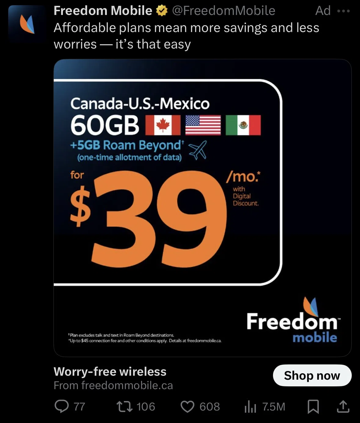 A screenshot of a promoted tweet from @FreedomMobile. The ad's main image features a mobile plan offer of "60GB" for "$39 /mo." and shows the flags of Canada, the U.S., and Mexico. The post's text highlights "Affordable plans" and the link below the image says, "Worry-free wireless." This is a clear example of Twitter ads for a telecommunications service.