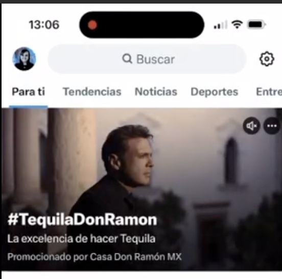 A phone screen displaying a promoted video on Twitter for Tequila Don Ramón. The video features a man looking off-camera, with a text overlay that includes the hashtag #TequilaDonRamon and the Spanish phrase "La excelencia de hacer Tequila" (The excellence of making Tequila). The bottom of the video states, "Promocionado por Casa Don Ramón MX," indicating it's a paid advertisement. This image serves as an example of Twitter ads.
