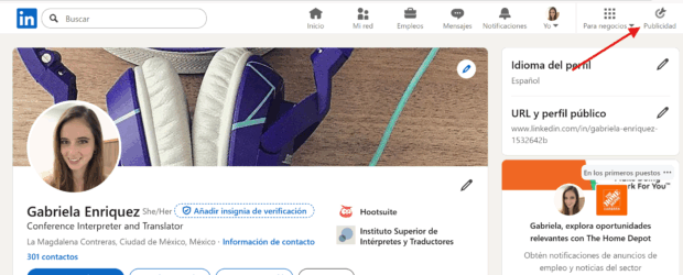 captura de pantalla del perfil de un usuario de LinkedIn que muestra la barra de navegación 
