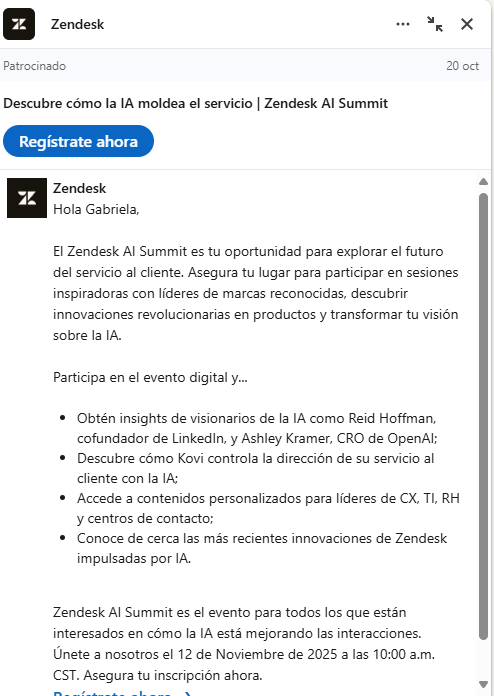 Captura de pantalla de un mensaje patrocinado de Zendesk a una usuaria de LinkedIn