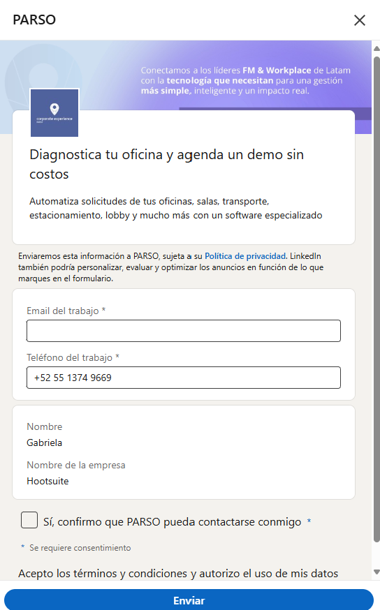 Formulario de generación de leads de Parso con campos para llenar con datos de contacto