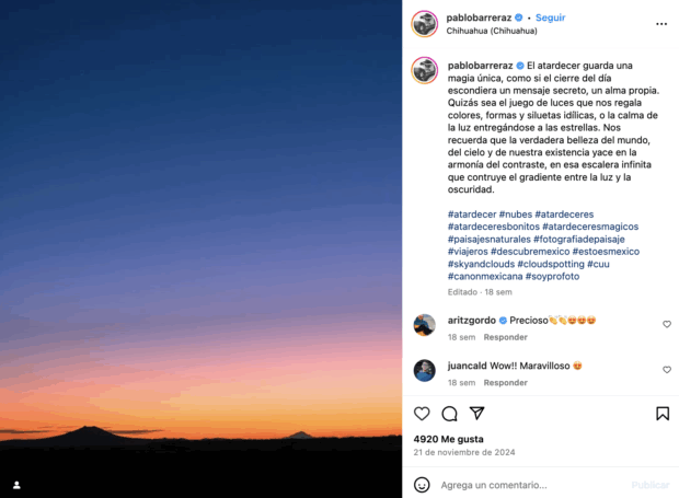 Pablo Barrera descripción sobre el atardecer