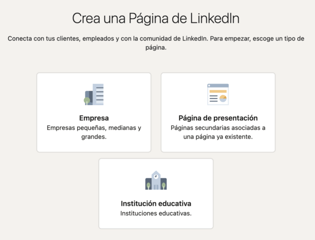 Crear una página de LinkedIn, una empresa, una página de presentación o una institución educativa