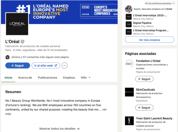 Página de LinkedIn de L'Oreal