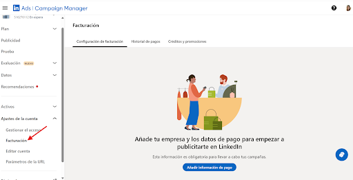 captura de pantalla de la sección de facturación del administrador de campañas de LinkedIn