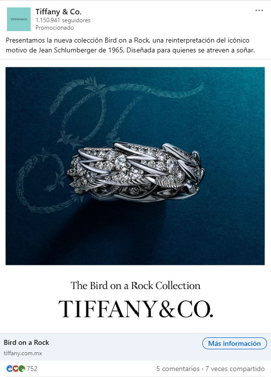 Anuncio de Tiffany & Co. en LinkedIn. Con una sola imagen, la marca muestra su nueva colección Bird on a Rock