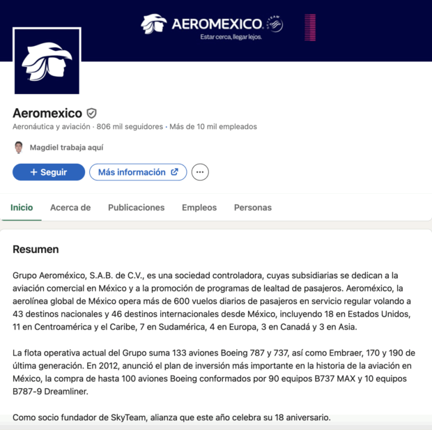 Acerca de Aeroméxico en LinkedIn