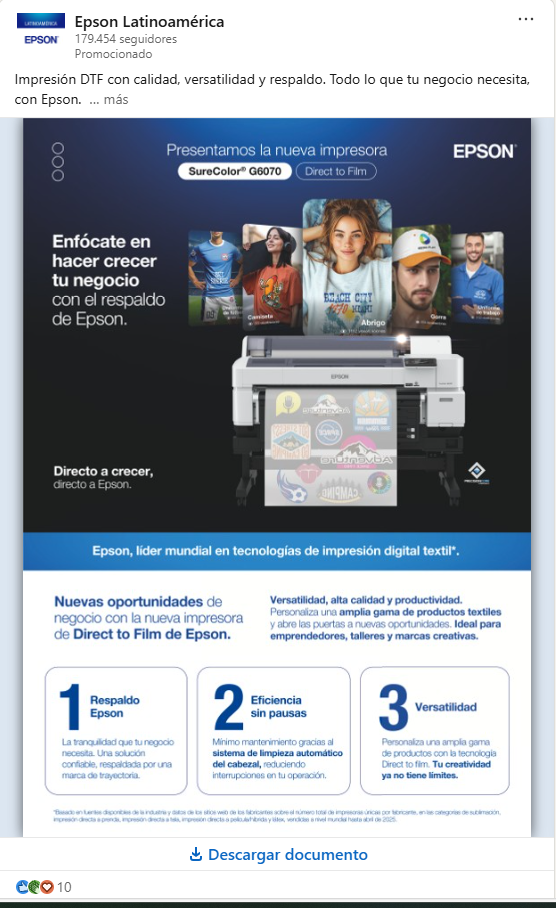Captura de pantalla de anuncio de Epson Latinoamérica en LinkedIn promoviendo su nueva impresora. El anuncio tiene un botón de Descargar Documento para descargar la ficha del producto