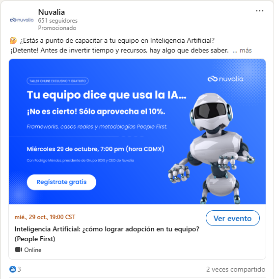 Anuncio de evento en LinkedIn. Nuvalia te invita a un evento sobre IA
