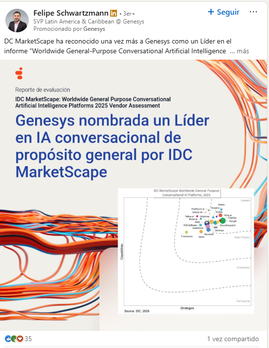Anuncio de LinkedIn por Genesys destacando su liderazgo en temas de IA conversacional 