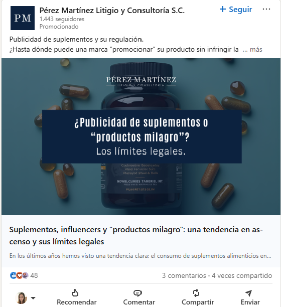 Captura de pantalla de un anuncio de artículo de LinkedIn de la empresa Pérez Martínez Litigio y Consultoría. El artículo es sobre suplementos, influencers y “productos milagro”