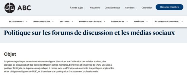 Site Web du CBA affichant le titre « Politique sur les forums de discussion et les médias sociaux » et une section sur son objectif et son application
