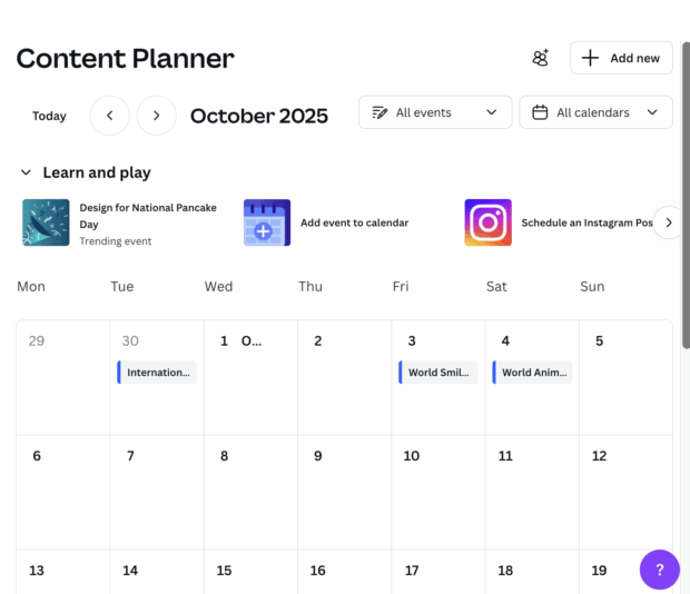 A content planner displaying an October 2025 calendar, highlighting events like International Coffee Day and World Smile Day, with options to add new events