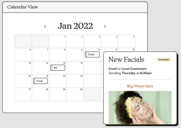 A calendar view within a content calendar tool, showing scheduled emails and ads for January 2022, including an email to local customers about new facials.