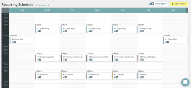 A recurring schedule content calendar displaying daily posting times for different content categories like Edgar Blog and Product Updates.