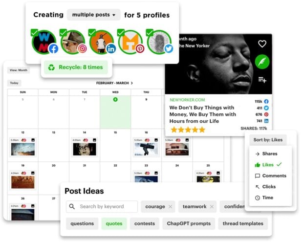 A content calendar showing a monthly view for February-March, with options to create multiple posts, recycle content, and search for post ideas by keyword.