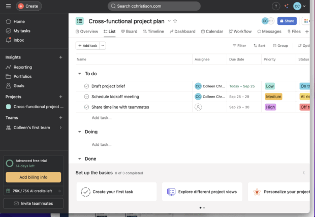 A cross-functional project plan within a content calendar tool, outlining tasks like drafting project briefs, scheduling kickoff meetings, and sharing timelines.