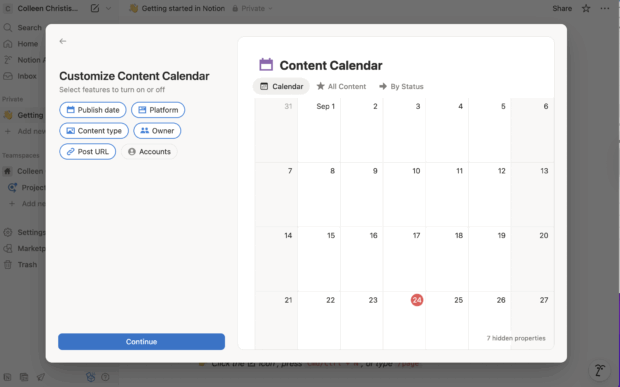 A Notion content calendar interface, displaying a calendar view of content by publish date and platform, with options to customize and add new content.