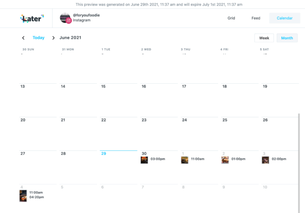 A content calendar displaying a weekly view for June 2021, showing scheduled posts for an Instagram account at various times