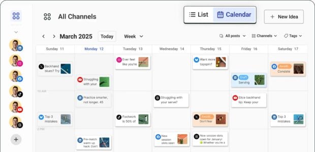 A content calendar with a monthly view for March 2025, showing scheduled posts across different channels with tags and post ideas.
