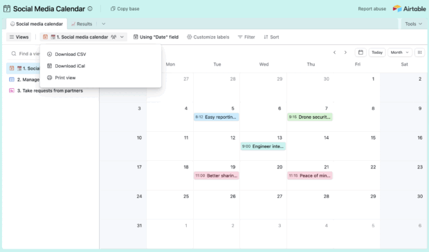 A social media content calendar displaying a calendar view with options to filter, sort, and group posts, and download CSV or iCal.