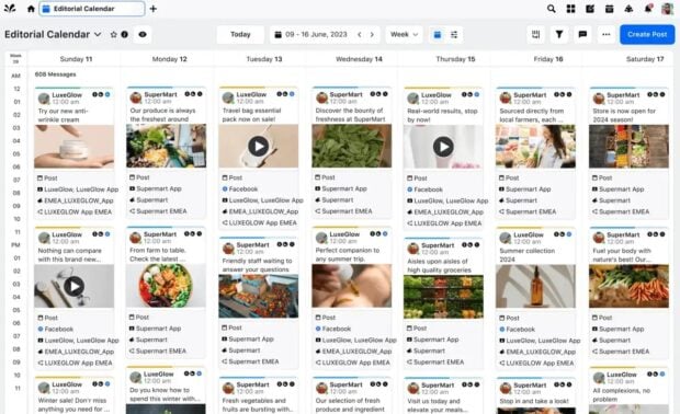 An editorial content calendar showing scheduled posts for various brands like LuxeGlow and SuperMart across different social media platforms in June 2023.
