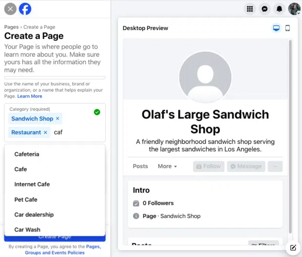 A screenshot showing the "Create a Page" section of a Facebook Business Page, where a user is defining the category as "Sandwich Shop" and "Restaurant." The page preview shows "Olaf's Large Sandwich Shop."