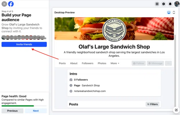 A screenshot of "Step 4 of 5: Build your Page audience" for a Facebook Business Page, with a prominent "Invite friends" button.
