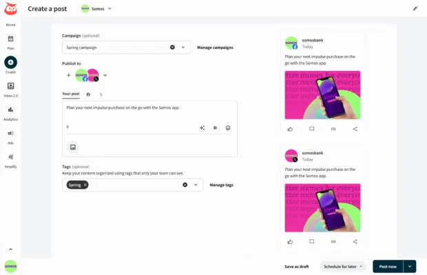 A screenshot of "Create a post" on Hootsuite, likely for a Facebook Business Page, showing options to add campaigns and tags, and to publish immediately or schedule for later.