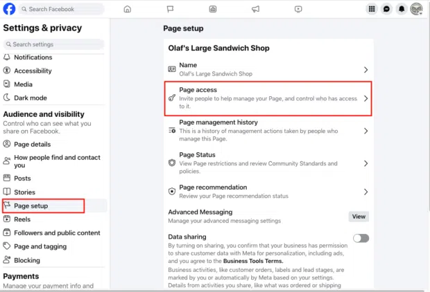 A screenshot of the "Settings & privacy" section of Facebook, specifically showing "Page setup" for "Olaf's Large Sandwich Shop," with options like "Page access" and "Page Status."