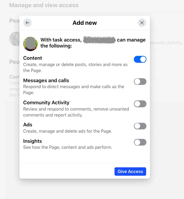 A screenshot of the "Manage and view access" settings for a Facebook Business Page, showing options to grant task access for content, messages, community activity, ads, and insights.