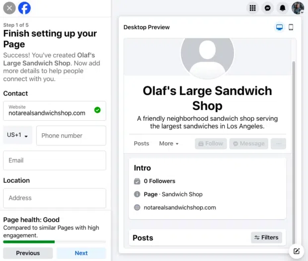 A screenshot of a Facebook Business Page setup, displaying "Step 1 of 5: Finish setting up your Page." It shows fields for contact information, including a website "notarealsandwichshop.com" and a phone number. The page health is "Good."